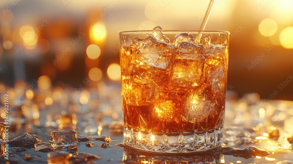 Iced Coffee in Glass with Ice Cubes and Straw under Cinematic Warm Lighting Iced Coffee in Glass with Ice Cubes and Straw under Cinematic Warm Lighting