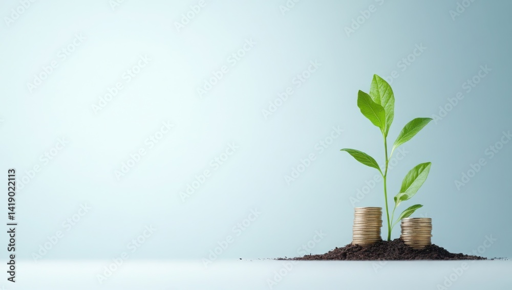 Concept of money growth and business opportunities. Centered, coins stack growing up on rich soil with green plant sprouts over the background. Background banner for financial growth,
