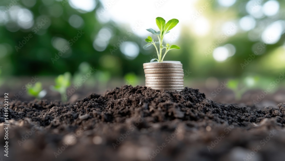 Concept of money growth and business opportunities. Centered, coins stack growing up on rich soil with green plant sprouts over the background. Background banner for financial growth,