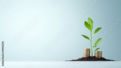 Obraz na płótnie Concept of money growth and business opportunities. Centered, coins stack growing up on rich soil with green plant sprouts over the background. Background banner for financial growth, w salonie