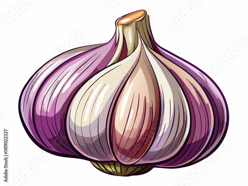 A high-quality vector illustration of a whole garlic bulb with segmented cloves and light purple hue, isolated on a white background