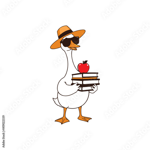 Cool Summer Goose With Hat and Shades Holding School Books Ready for Break