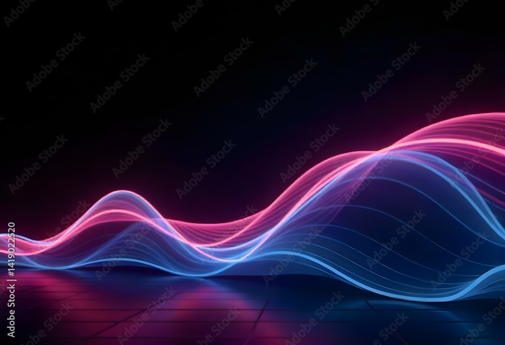 Fototapeta premium Abstract neon glowing waves in pink and blue colors, grid pattern, dark background, smooth surface with reflections,