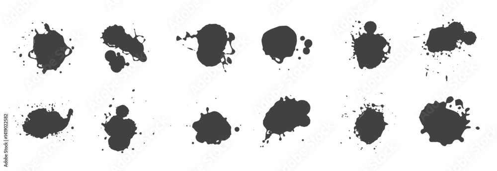 Brush strokes mega collection with black ink paint spots. Grunge artistic paint blobs as highlights. Abstract line, stains shapes, scribble circle design element, vector Illustration 