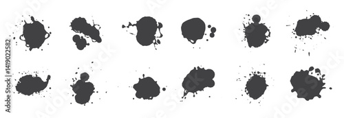 Brush strokes mega collection with black ink paint spots. Grunge artistic paint blobs as highlights. Abstract line, stains shapes, scribble circle design element, vector Illustration 