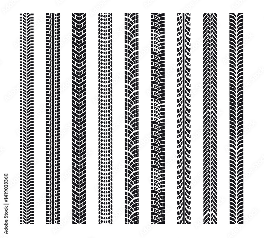 Set of Tire Mark Vector, Tire mark. Car and motorcycle tire track vector set. Truck tread mark on the road concept. Vector tire mark from different tread type of car , vector Illustration