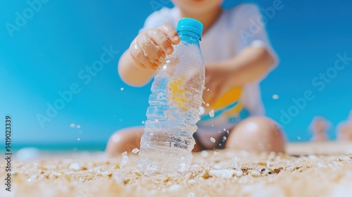 Obraz na płótnie Children collect discarded plastic water bottles from a sandy beach. w salonie