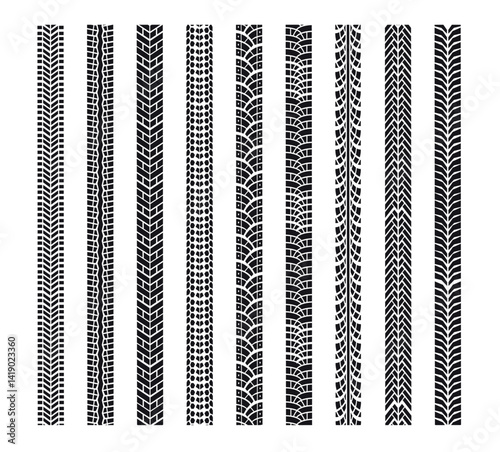 Set of Tire Mark Vector, Tire mark. Car and motorcycle tire track vector set. Truck tread mark on the road concept. Vector tire mark from different tread type of car , vector Illustration