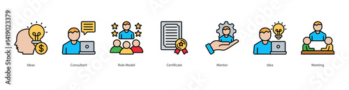 Mentorship icon sheet vector ideas, consultant, role model, certificate, mentor, idea, meeting