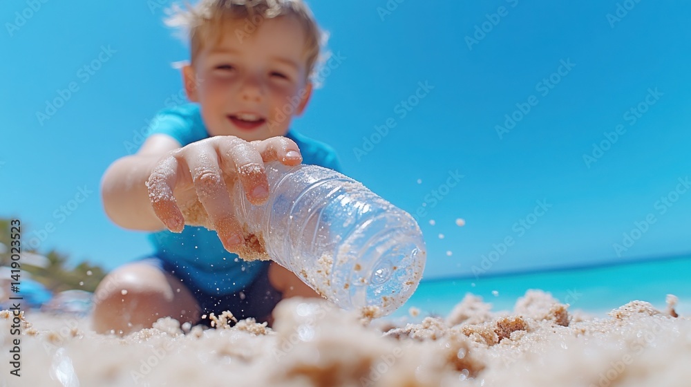 Children collect discarded plastic water bottles from a sandy beach.