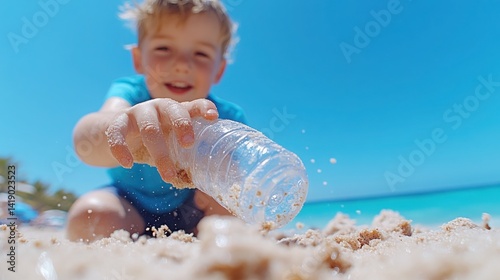 Obraz na płótnie Children collect discarded plastic water bottles from a sandy beach. w salonie