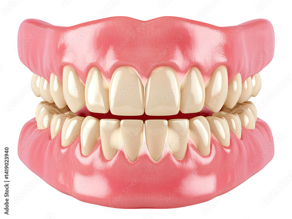 Obraz premium A Detailed 3D Render of a Full Set of Healthy Human Teeth and Gums, showcasing Perfect Dental Alignment and a Natural Pink Gum Line