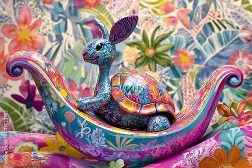 Colorful rabbit on turtle boat, floral background, whimsical art, home decor