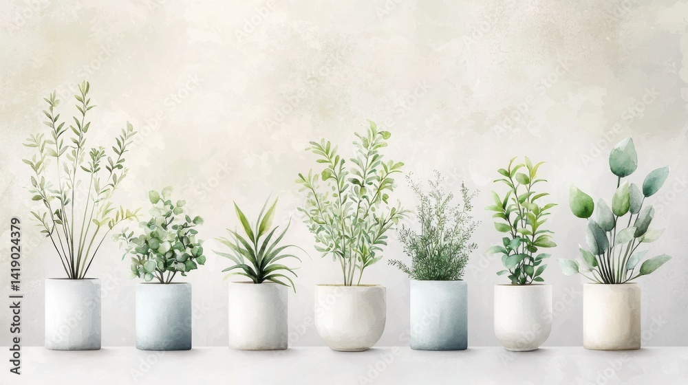 A serene arrangement of various potted plants in minimalist white containers, showcasing lush greens against a soft, muted background. A serene arrangement of various potted plants in minimalist white containers, showcasing lush greens against a soft, muted background.