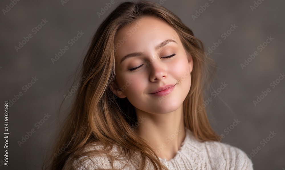 Naklejka premium Woman with closed eyes, serene expression, soft lighting