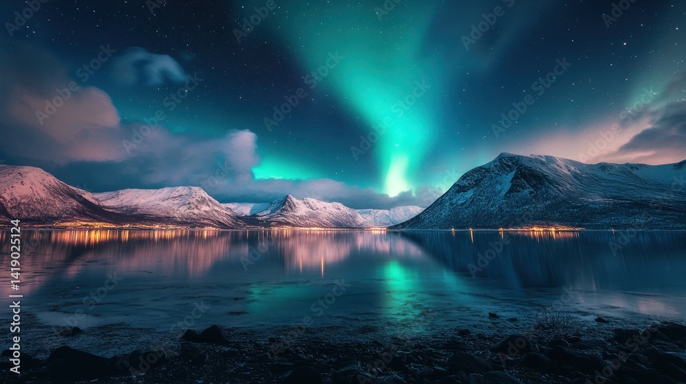 Naklejka premium Aurora Borealis over Snowy Mountains and Tranquil Lake