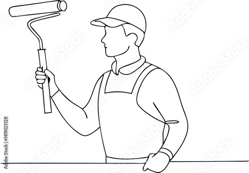 Continuous Line Art Man Holding Paint Roller, White Background, Minimalist, Isolated