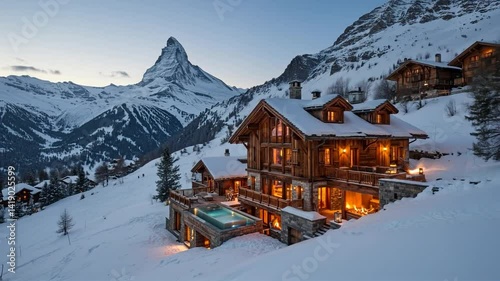 Stunning snow-covered chalet with mountain view and evening lights in a winter wonderland