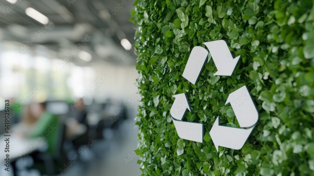Eco-friendly building concept with green plants and a group of people in an office interior background