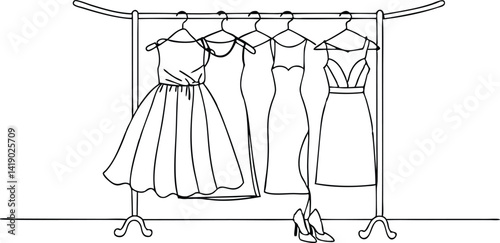 Dresses Hanging on a Rack with Shoes, Clothing Boutique Line Art