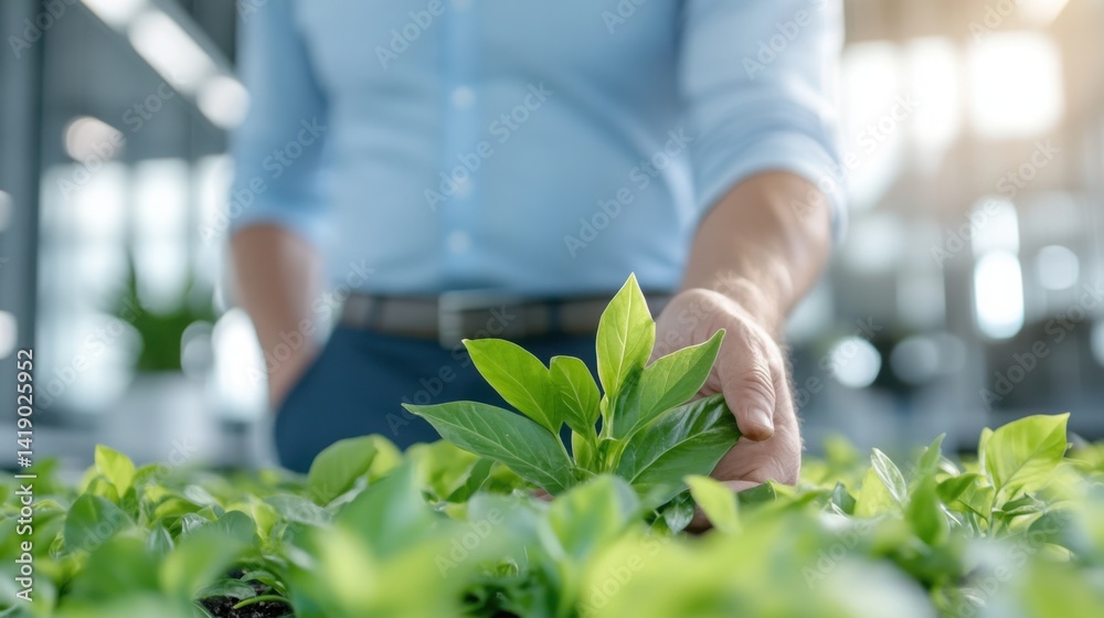 Eco-friendly building concept with green plants and a group of people in an office interior background