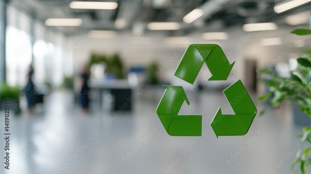 Eco-friendly building concept with green plants and a group of people in an office interior background