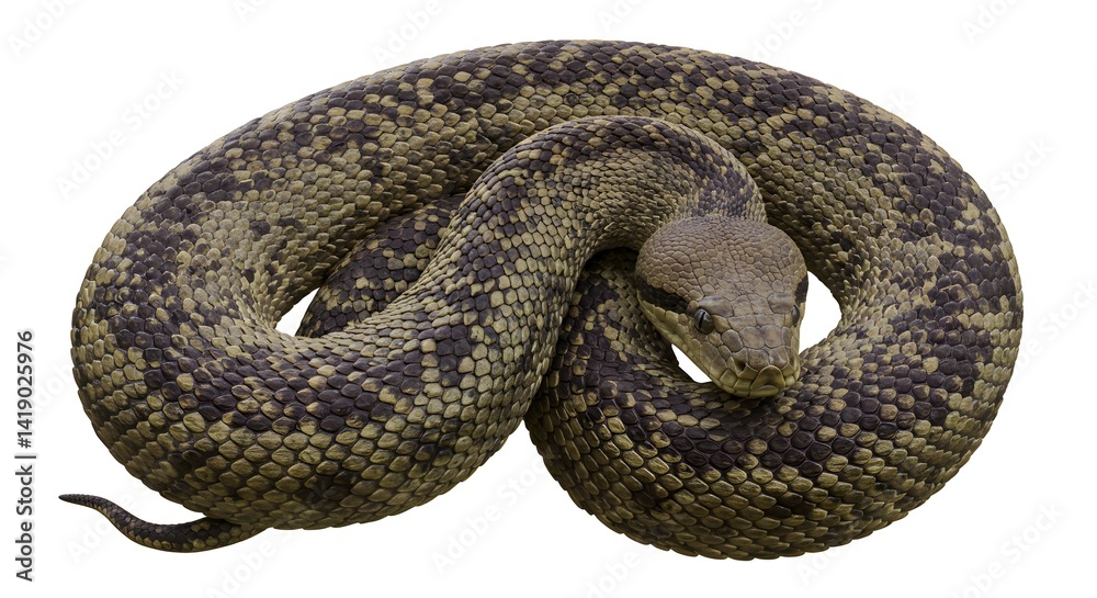 Fototapeta premium Diamond python in coiled position, showcasing intricate scale details and isolated on white