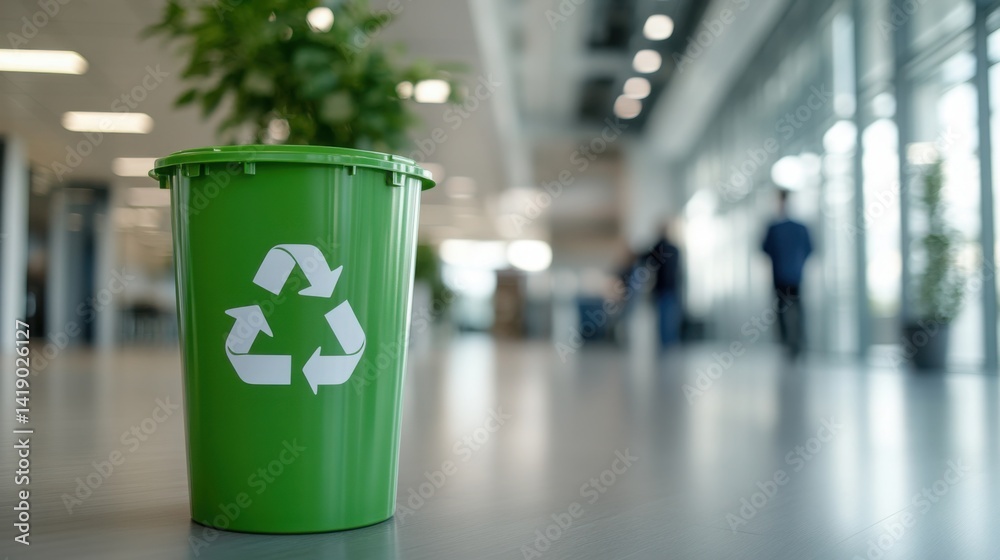 Eco-friendly building concept with green plants and a group of people in an office interior background