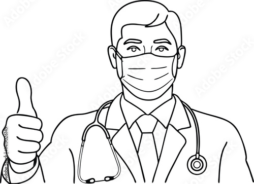 Line Art Doctor in Mask Giving Thumbs Up with Stethoscope & Wearing a Tie/Coat