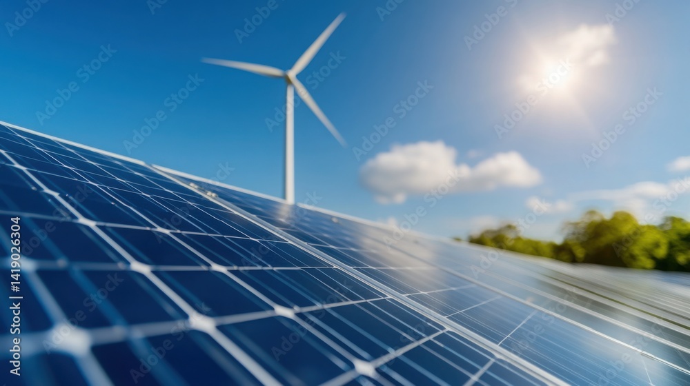 Wind turbine and solar panels with blue sky background