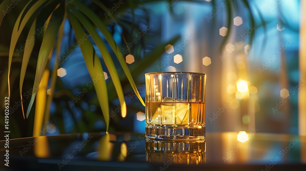 Elegant Whiskey Glass on a Reflective Surface Amidst Soft Ambient Lighting and Greenery