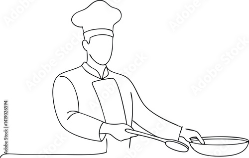 Line art of chef in uniform with hat, cooking in frying pan, using wooden spoon set