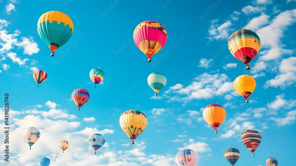 Obraz premium Colorful Hot Air Balloons Floating in Serene Blue Sky with Fluffy Clouds