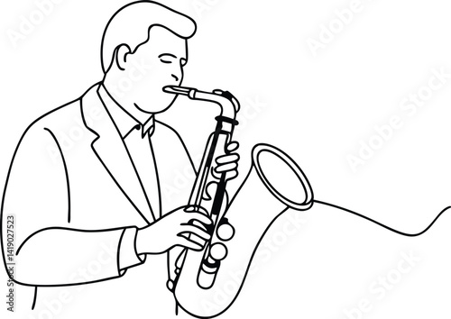 Minimalist Outline Man in Suit Playing Saxophone, Isolated on White, Musical, Jazz