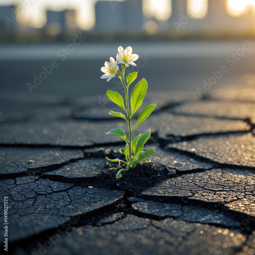 Fototapeta Naklejka Na Ścianę i Meble -  small plants growing with white flowers blooming in cracks of weathered concrete roads showcasing nature resilience amidst urban streets premium stock photo inspiration