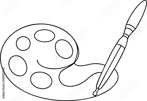 Palette and Brush Outline Drawing of Artist Tools, White Background, Minimalist Art