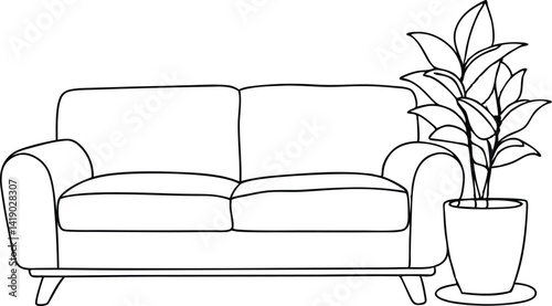 Simple Outline of Couch and Plant Pot, Living Room Interior Black and White Drawing Style