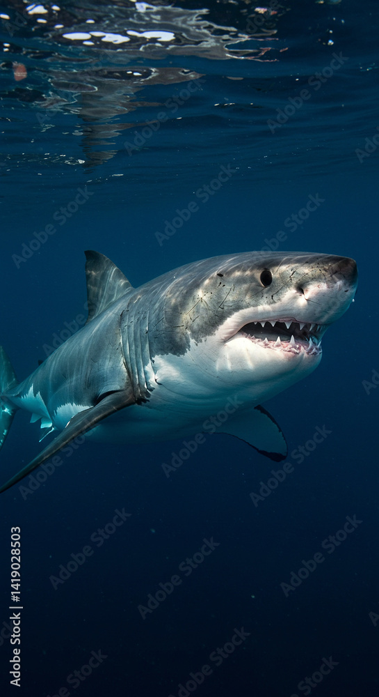 Fototapeta premium A great white shark swims underwater near the surface with mouth open in the ocean from a low angle viewpoint