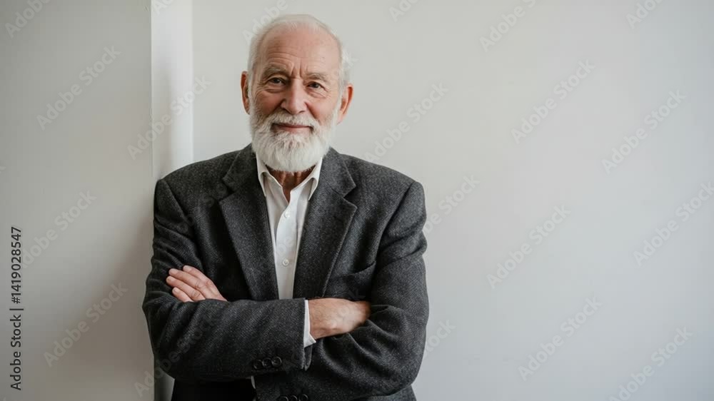 Elderly Man Portrait with Crossed Arms in Gray Blazer and White Shirt Against Plain White Background Elderly Man Portrait with Crossed Arms in Gray Blazer and White Shirt Against Plain White Background