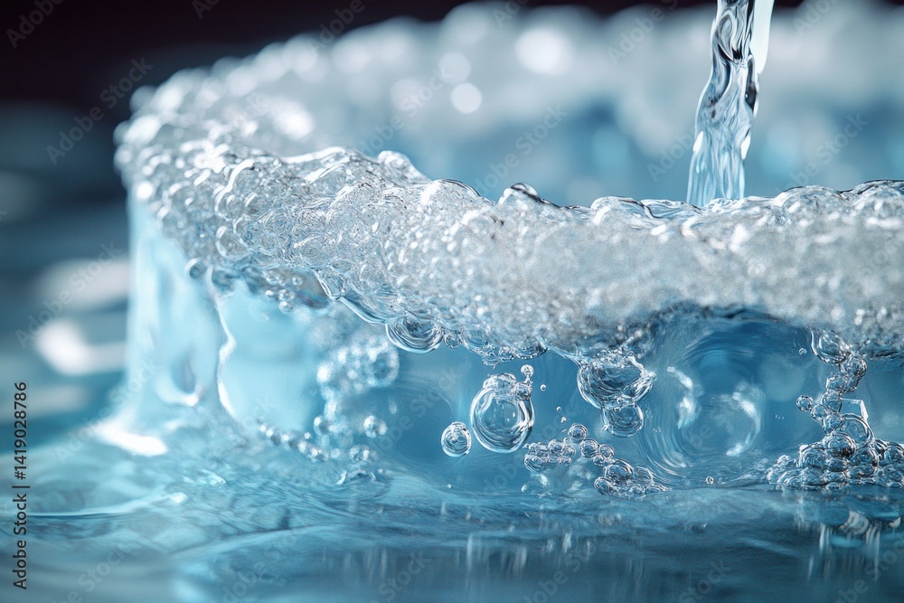 Close-up of water pouring from jug into clear glass with sparkling reflections on blue background Close-up of water pouring from jug into clear glass with sparkling reflections on blue background