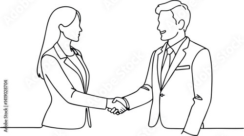 Line Art Business Handshake Caucasian Woman and Man Agreeing, Minimalistic Outline