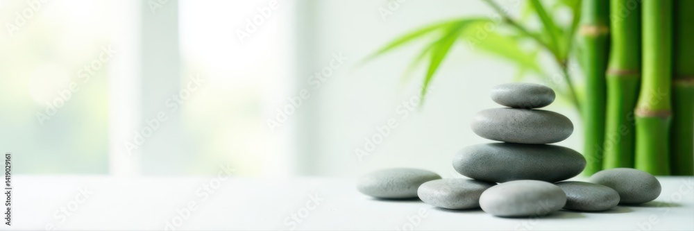 Empty white table, green bamboo, pebble arrangement, zen aesthetic, copy space , tranquility, mindfulness, background Empty white table, green bamboo, pebble arrangement, zen aesthetic, copy space , tranquility, mindfulness, background