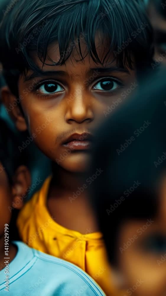 Young child with captivating eyes stands out in a crowd during an outdoor event in a vibrant community setting Young child with captivating eyes stands out in a crowd during an outdoor event in a vibrant community setting