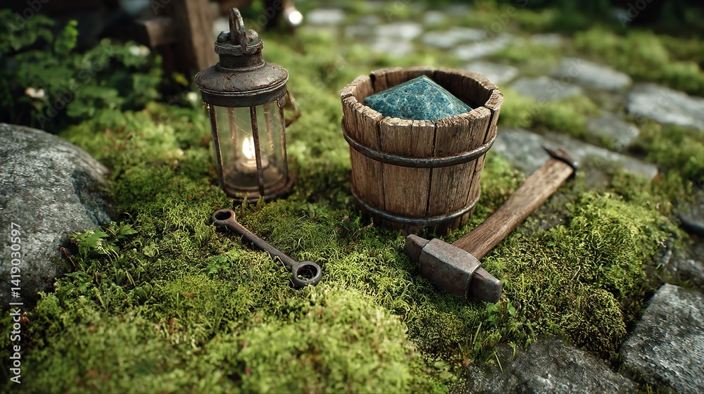 Fototapeta premium Fantasy Game Style Scene with Wooden Bucket, Hammer, Wrenches, and Blue Marble on Mossy Grass – Magical Adventure Concept