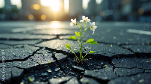 Fototapeta Naklejka Na Ścianę i Meble -  small resilient plants growing in cracks of damaged concrete roads adorned with white flowers showing life persistence in urban spaces premium stock photo inspiration