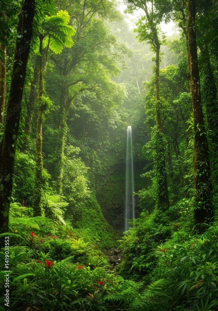 Obraz premium Lush Green Rainforest Waterfall Scene