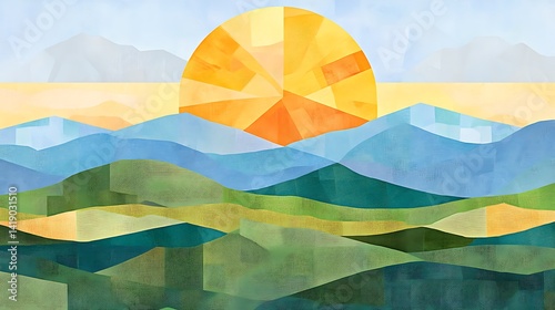 Abstract landscape illustration featuring a vibrant sunrise over a range of stylized mountains. The artwork uses a patchwork technique with various shades of blue, green, and yellow. The sun is