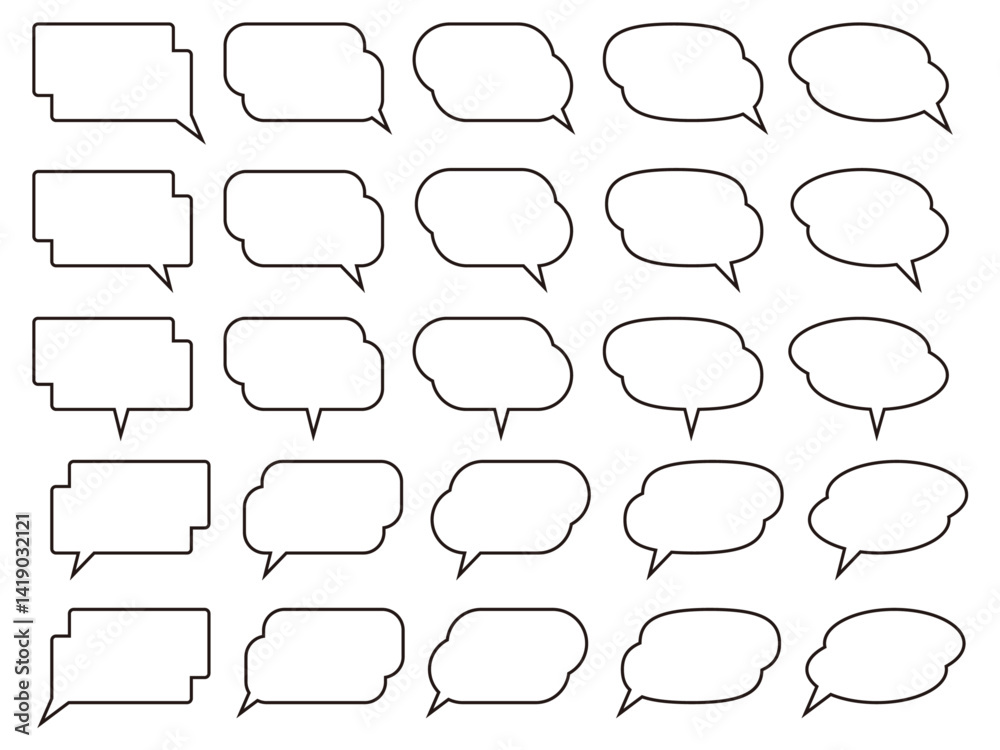 Obraz premium シンプルなフキダシ。枠。ベクター素材。シンプル黒ラインのみ。ベタ背景透過。2段。