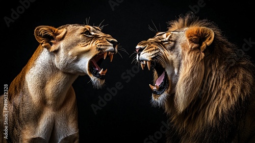 Lioness and Lion Confrontation, Dark Background. Wildlife photography for nature documentaries or print