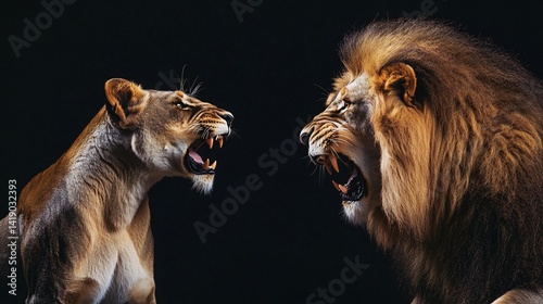 Lioness and lion roaring, dark background, wildlife power